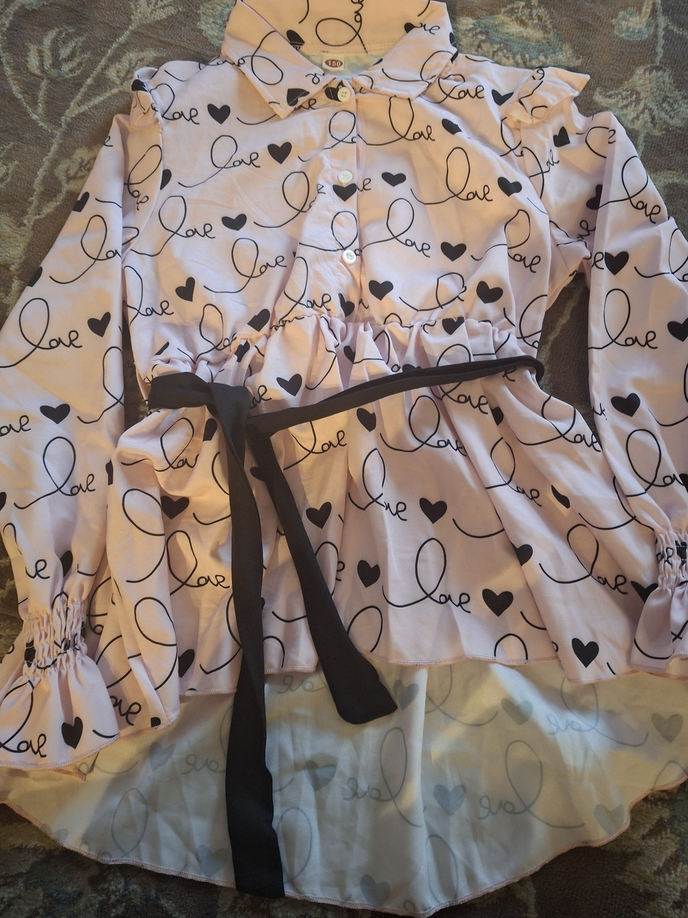 Love Print Pink Long-Sleeve Peplum Blouse with Black Waist Tie And Pants